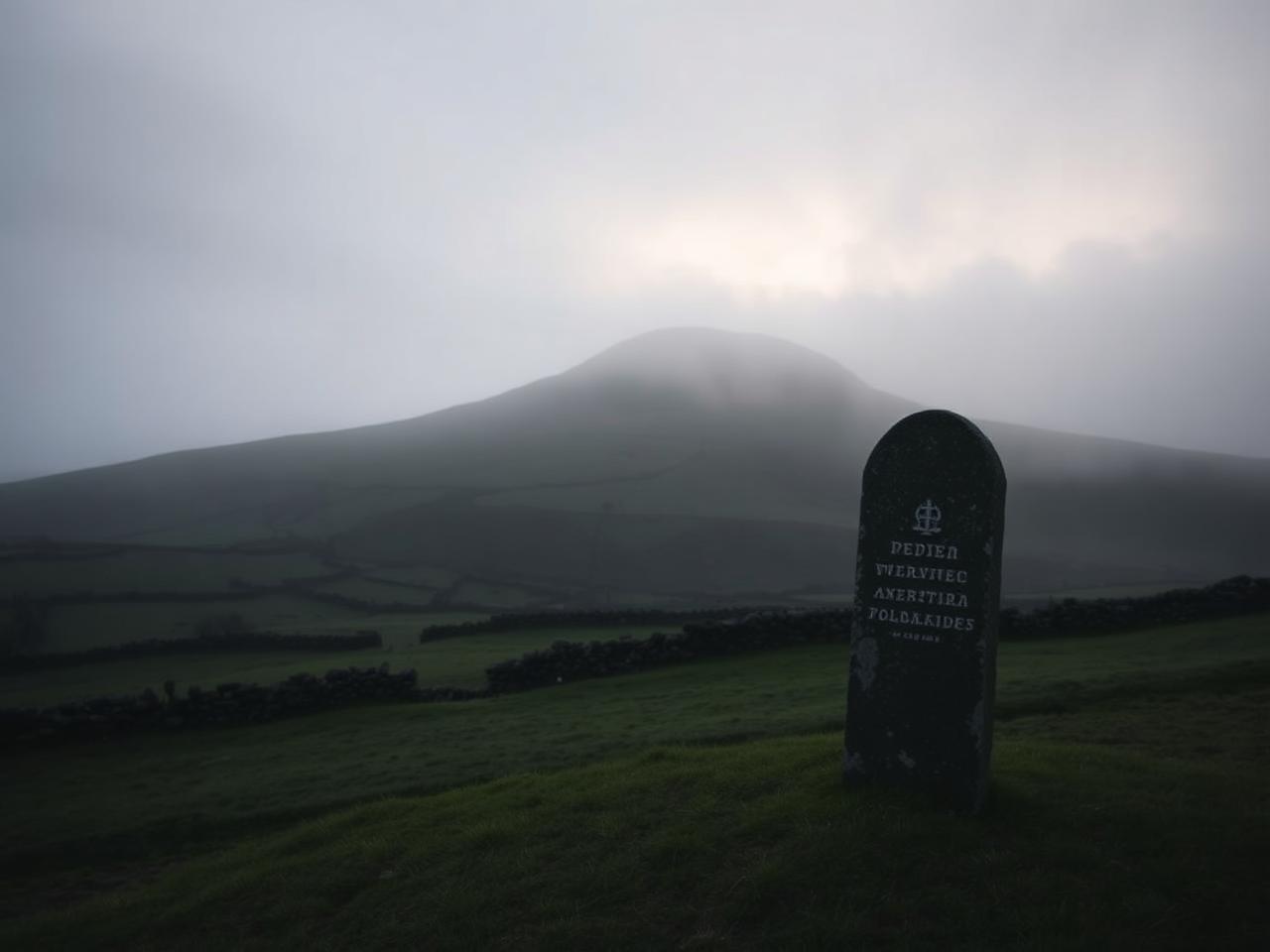 Mist over Kilcommadan Hill and the boggy fields of the Aughrim battlefield at dawn, with a memorial stone