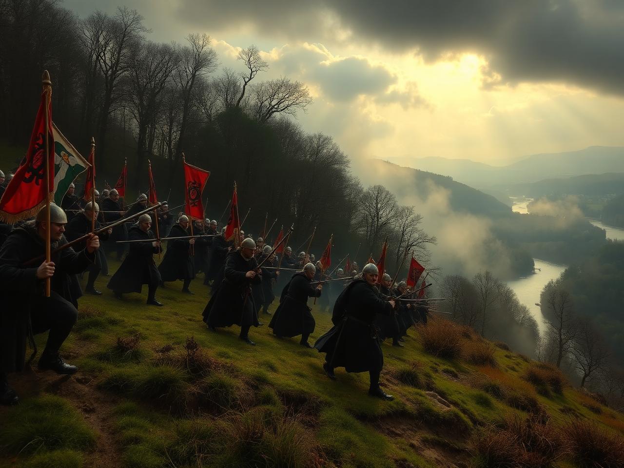 Irish pikemen advancing down a wooded Ulster slope above the River Blackwater in 1646