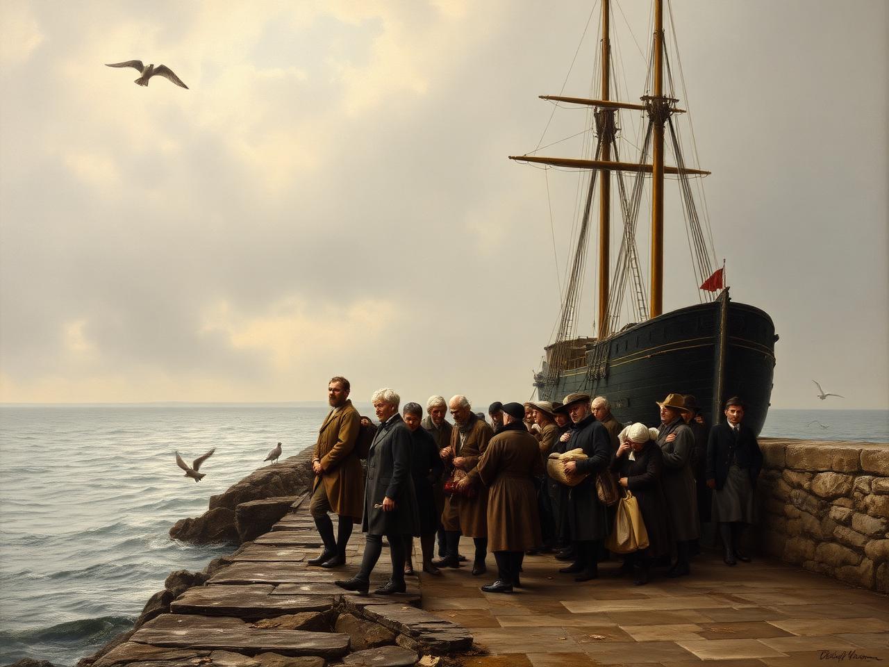 Nineteenth-century Irish emigrants waiting with bundles on a stone quay beside a tall sailing ship