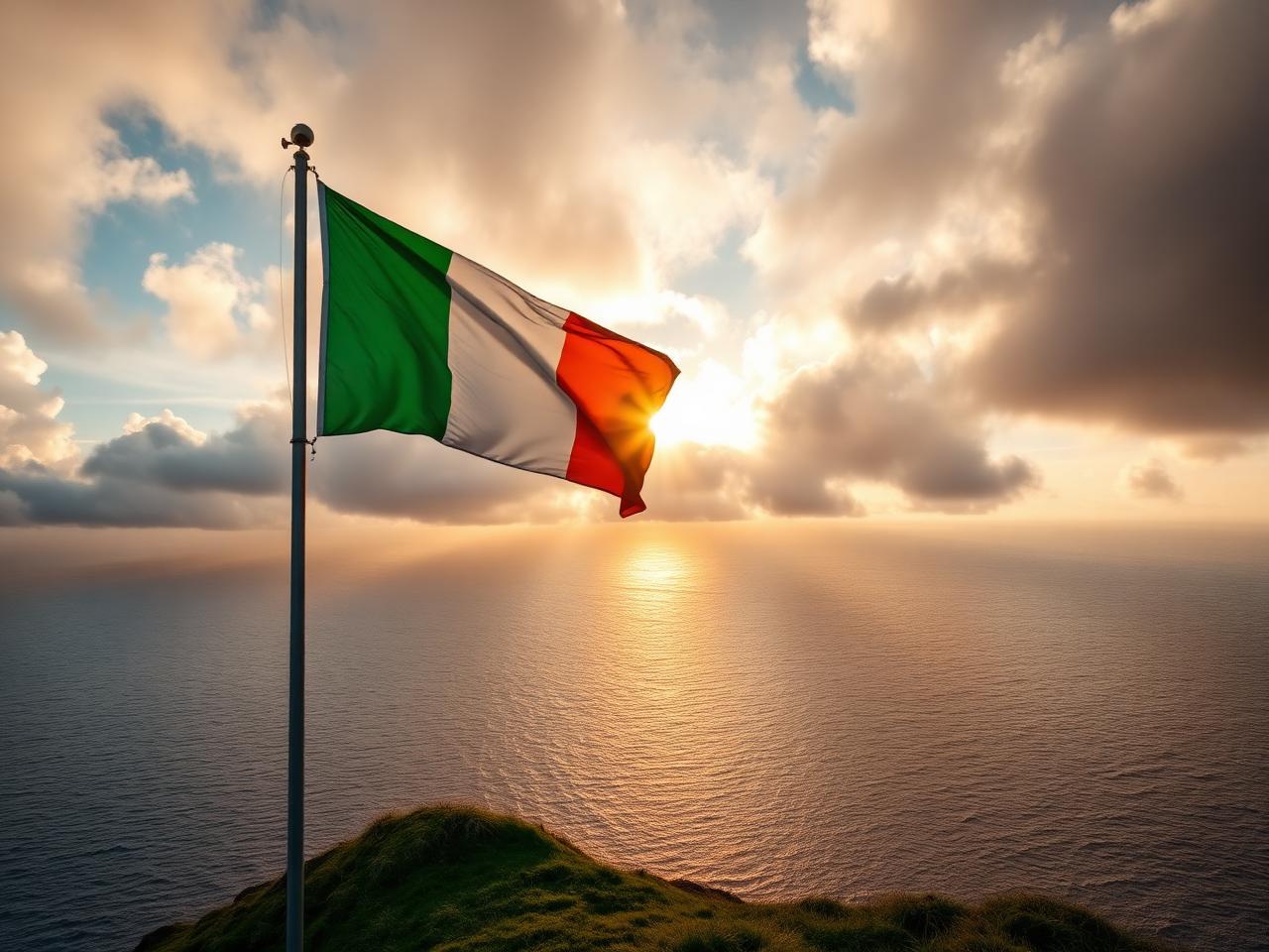 The Irish tricolour flying full above an Atlantic headland at sunrise