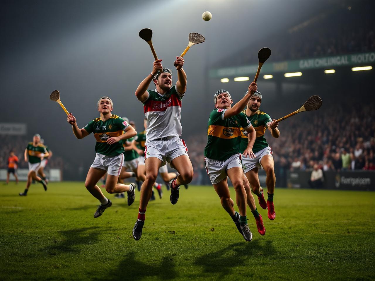 Hurlers in county jerseys leaping for the sliotar with raised hurleys under floodlights