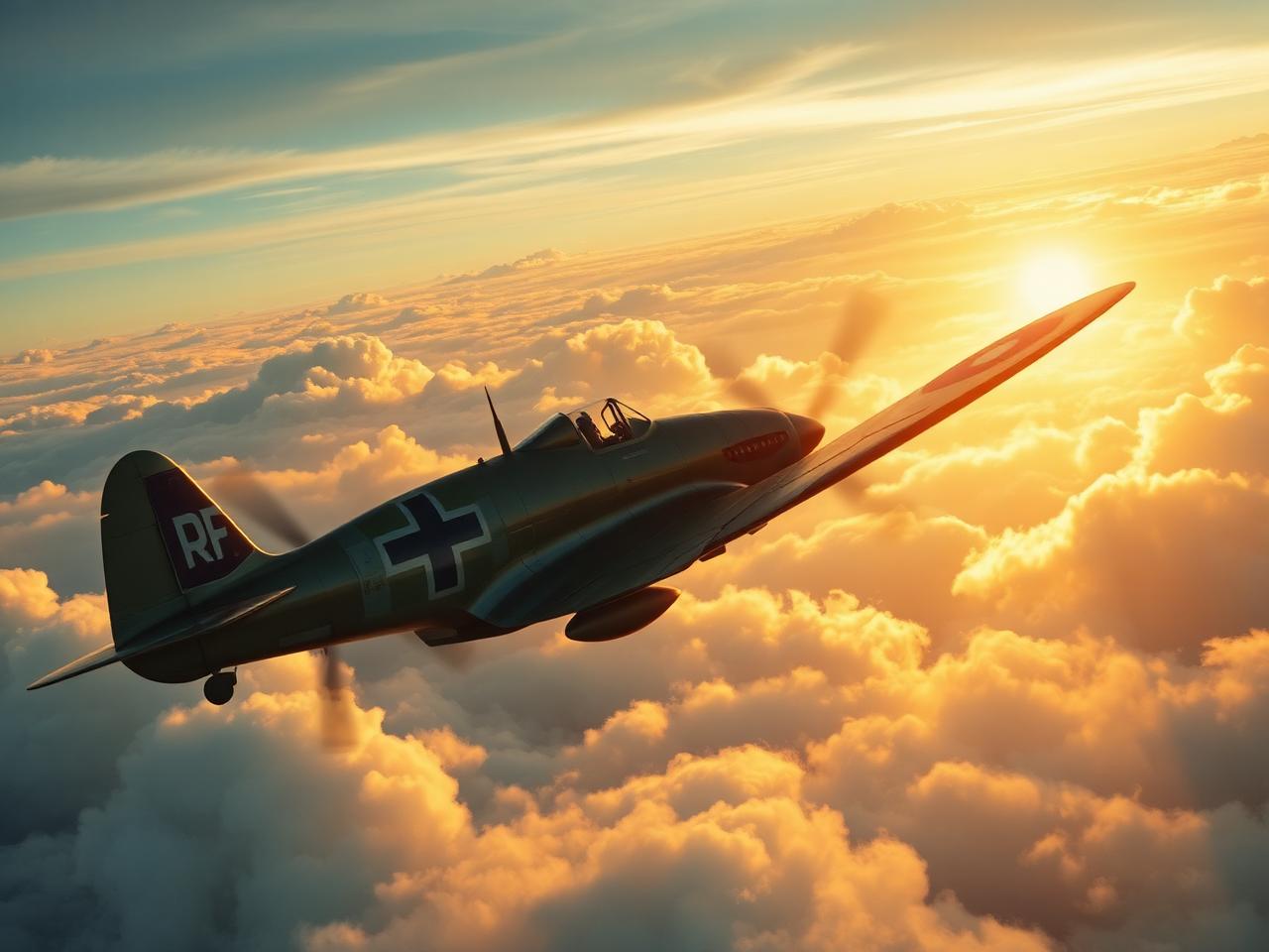 A Hawker Hurricane fighter climbing through golden cloud at dawn during the Battle of Britain