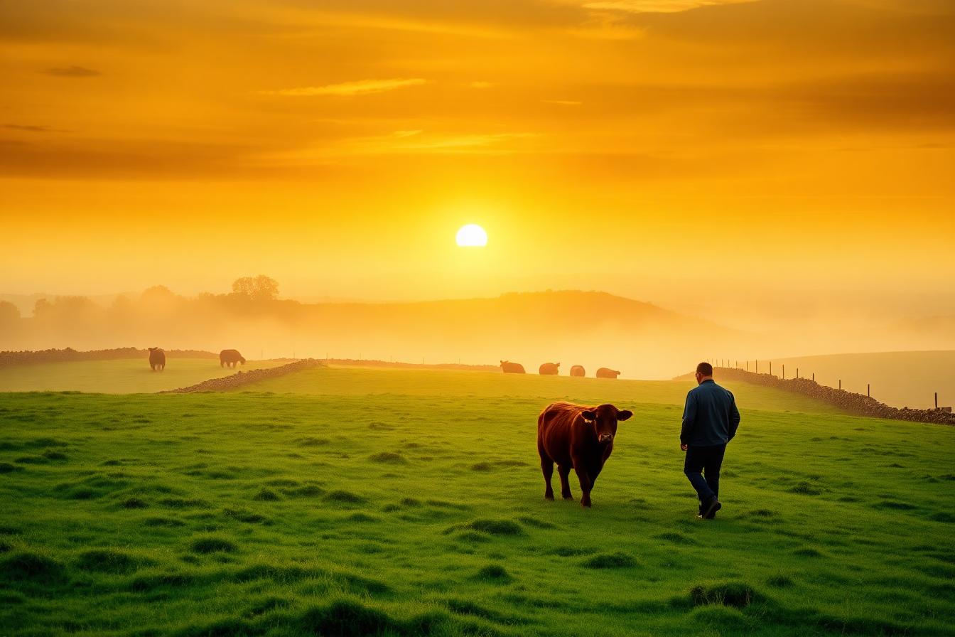 An Irish farmer walking through misty green pasture at sunrise among grazing cattle