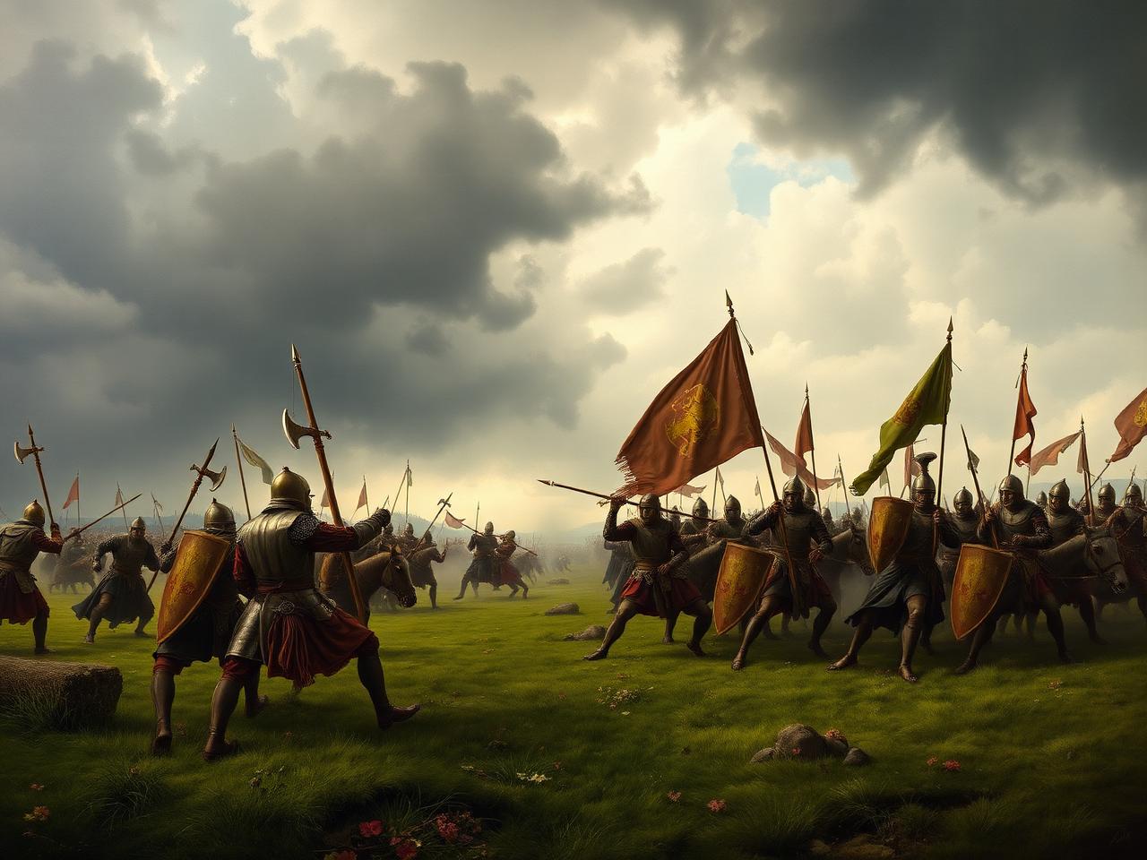 Fifteenth-century battle between Gaelic gallowglass warriors and armoured knights on a green Irish field