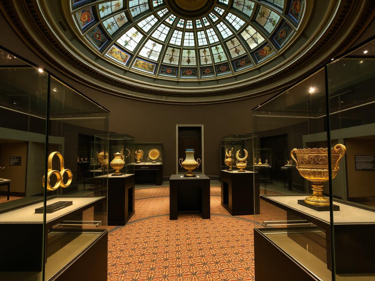 Museum gallery displaying Irish gold torcs, early medieval metalwork and archaeological treasures in lit glass cases